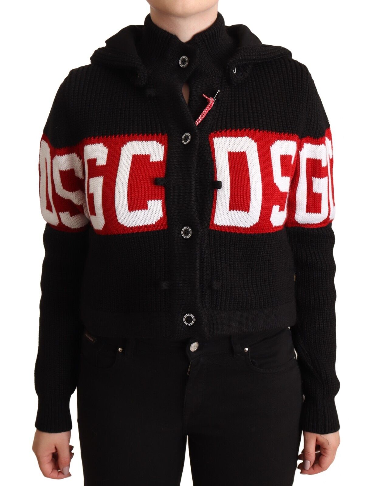 GCDS Black Cashmere Hooded Button Down Logo Cardigan Jacket - Fizigo