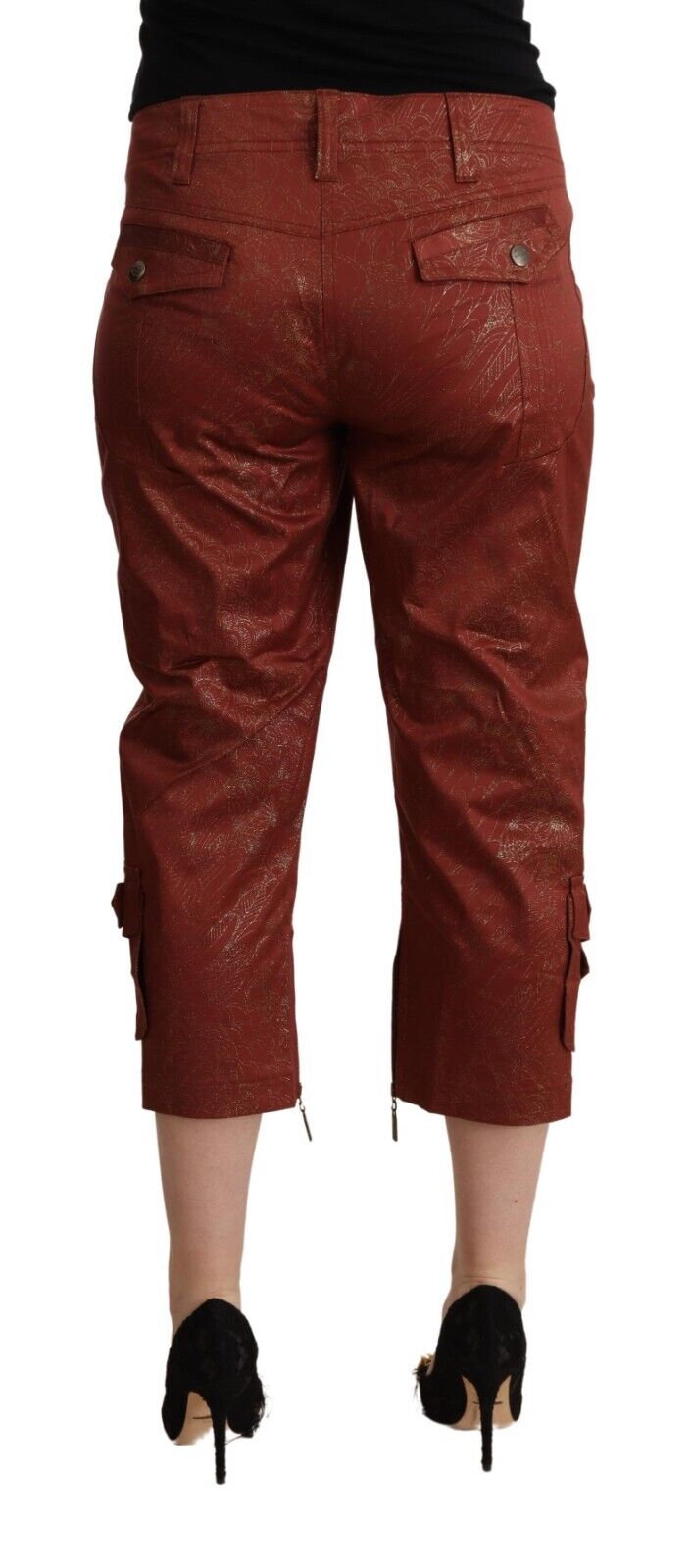 Just Cavalli Brown Lurex Mid Waist Cotton Cropped Capri Pants - Fizigo