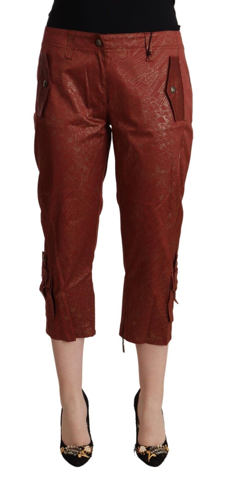 Just Cavalli Brown Lurex Mid Waist Cotton Cropped Capri Pants - Fizigo