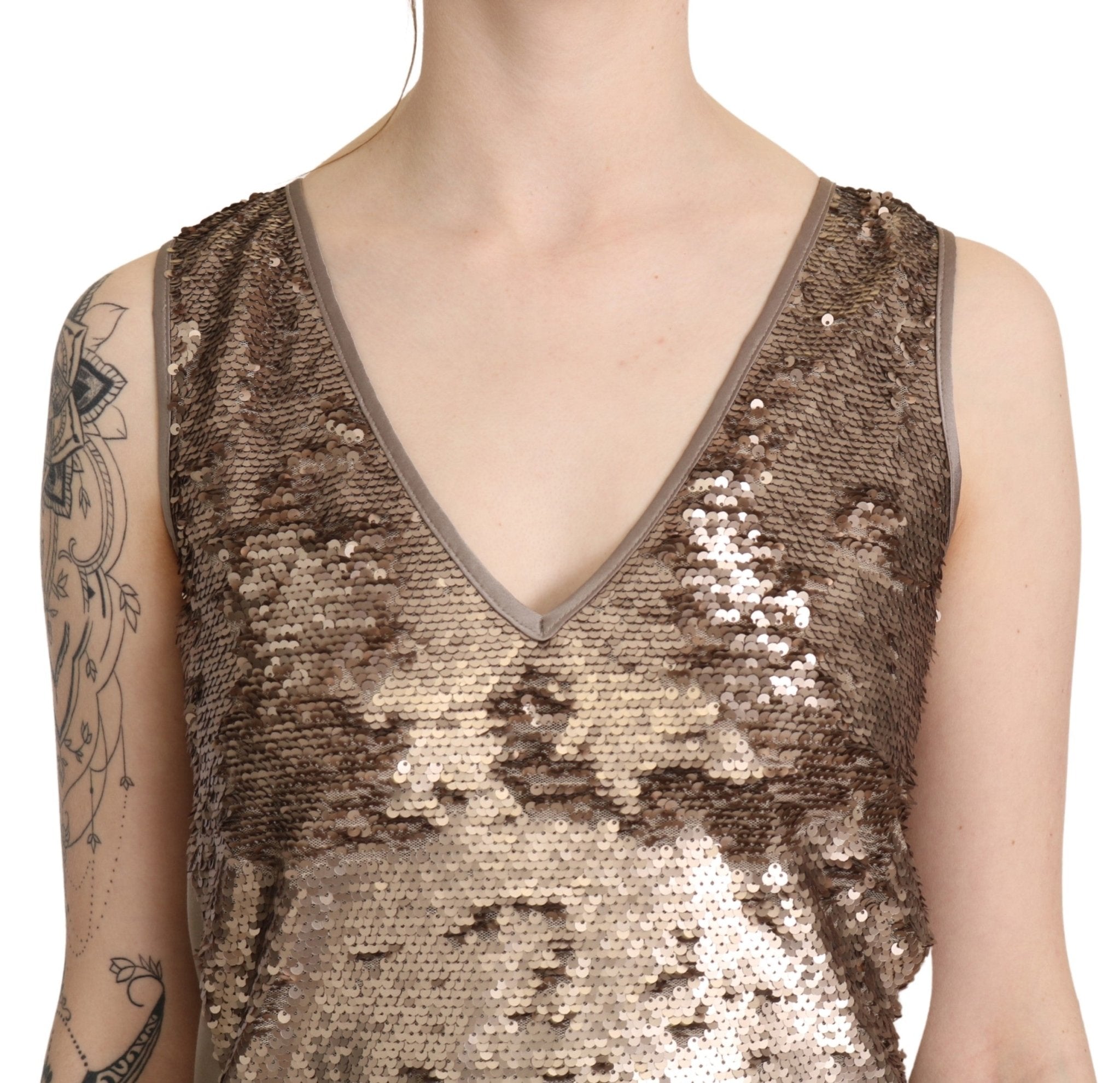 Liu Jo Brown Sequined V-neck Sleeveless Sheath Mini Dress - Fizigo