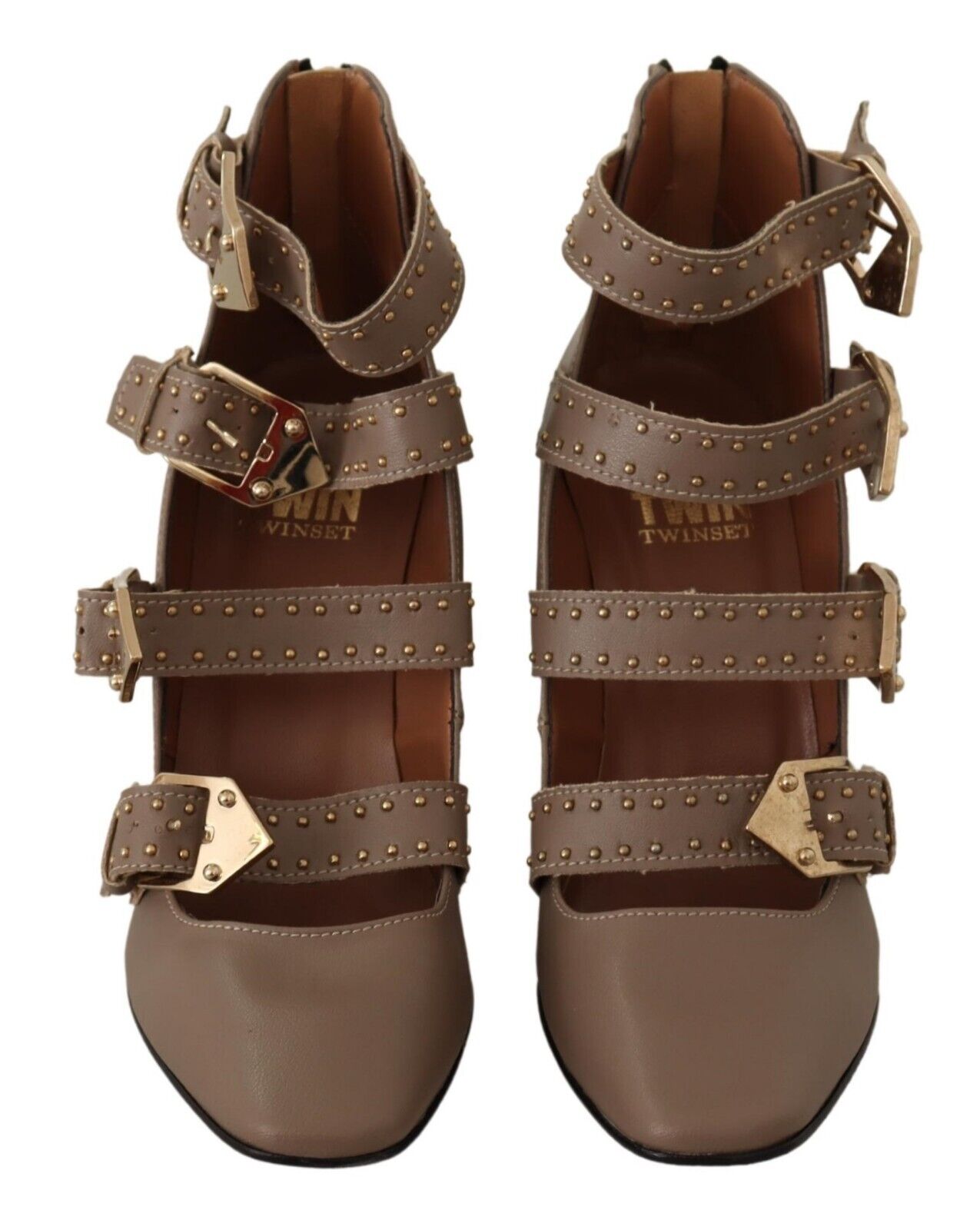 MY TWIN Brown Leather Block Heels Multi Buckle Pumps Shoes - Fizigo