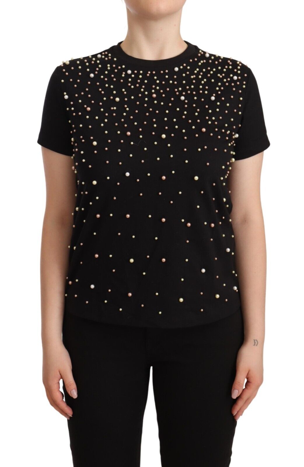 PINKO Black Cotton Short Sleeves Embellished T-shirt Jersey Top - Fizigo