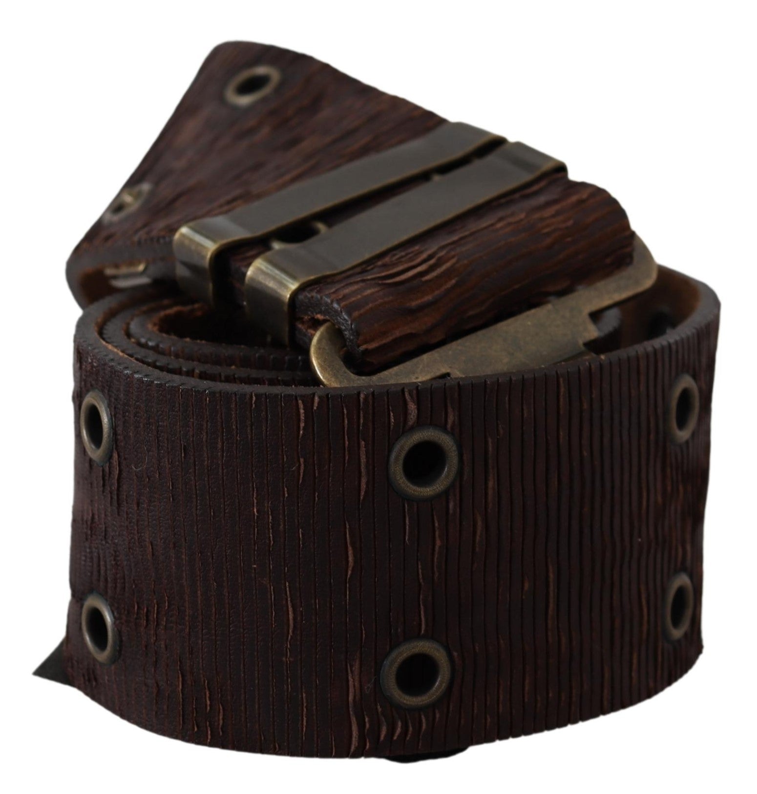 PLEIN SUD Brown Carving Effect Leather Bronze Metal Belt - Fizigo