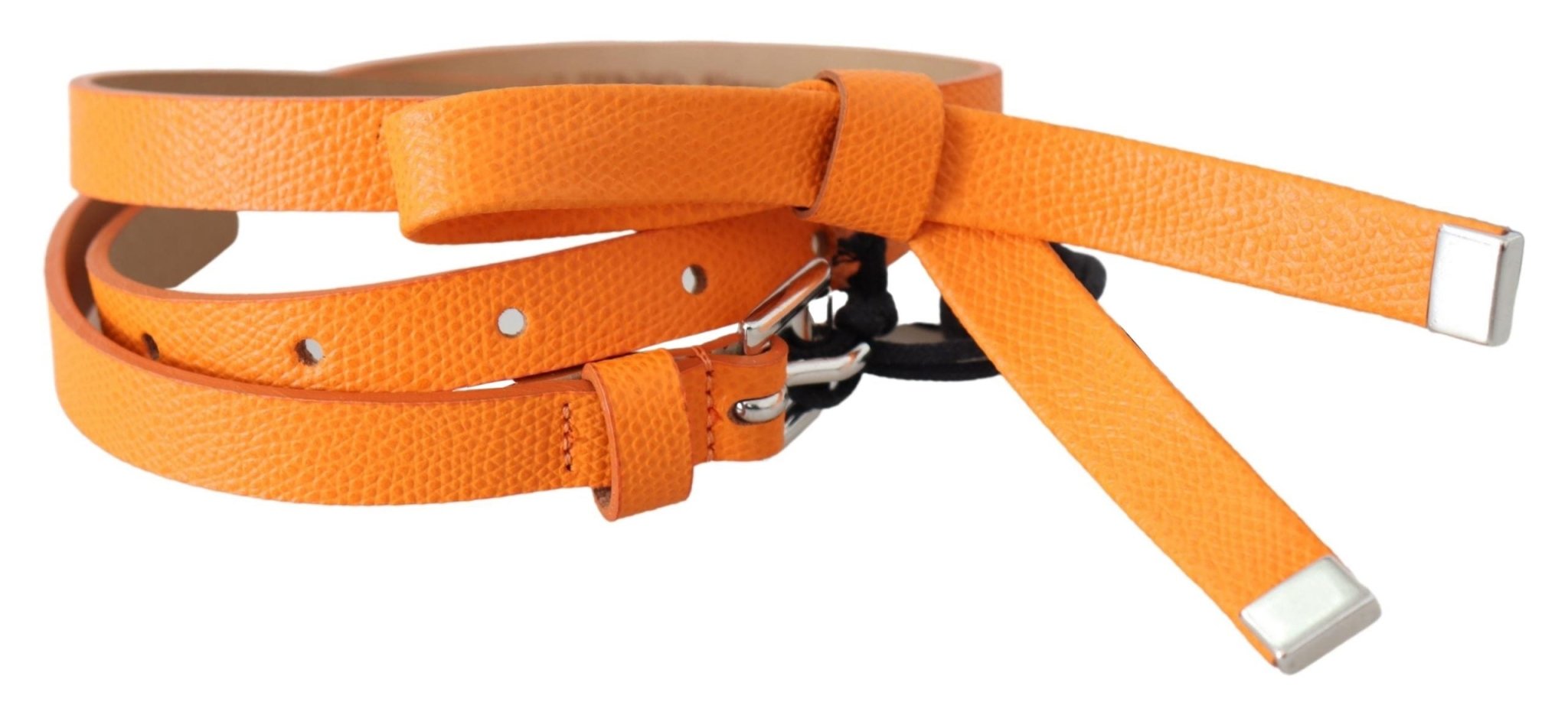 Scervino Street Orange Tangerine Leather Slim Silver Metal Buckle Belt - Fizigo